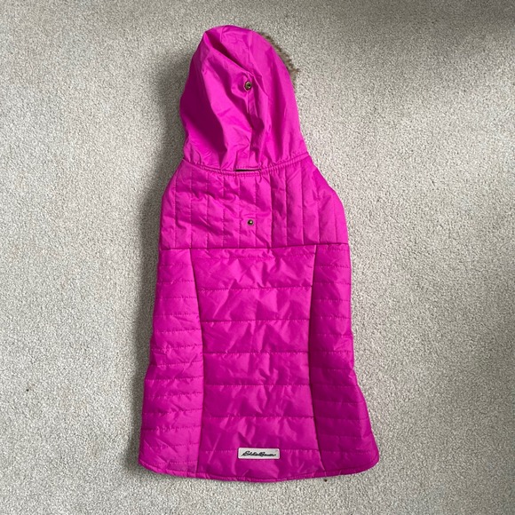 Eddie Bauer Pet Dog Puffer Vest Jacket Hooded Fur Trim Pink Fleece Lined Size L - Picture 1 of 9